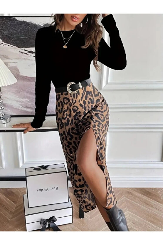 Kadın Uzun Kollu Bisiklet Yaka Ithal Krep Bluz Alt Desenli Modal Midi Elbise