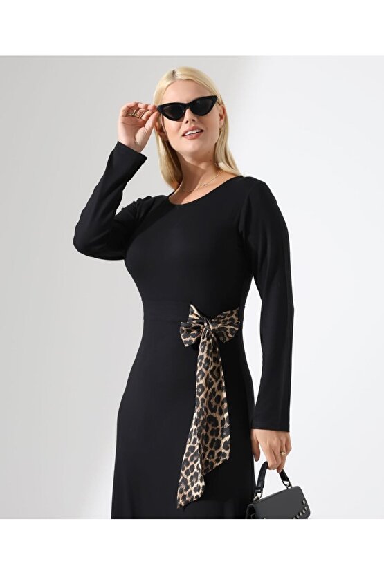 Kadın Bisiklet Yaka Leopar Fiyonk Detay Maxi Boy Elbise