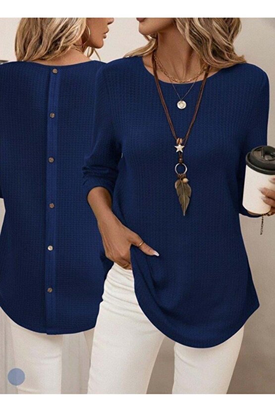 Kadın Uzun Kollu Yuvarlak Yaka Arkadan Düğmeli Waffle Bluz