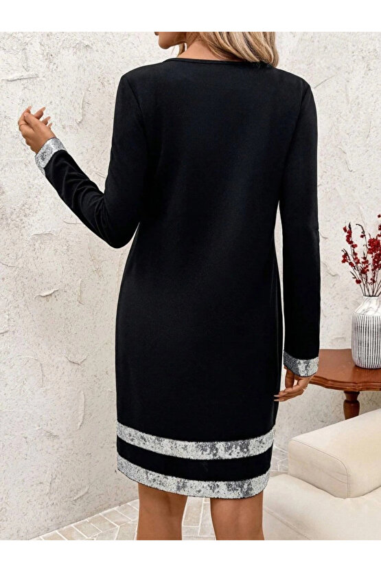 Kadın Uzun Kollu Bisiklet Yaka Mini Ithal Krep Elbise