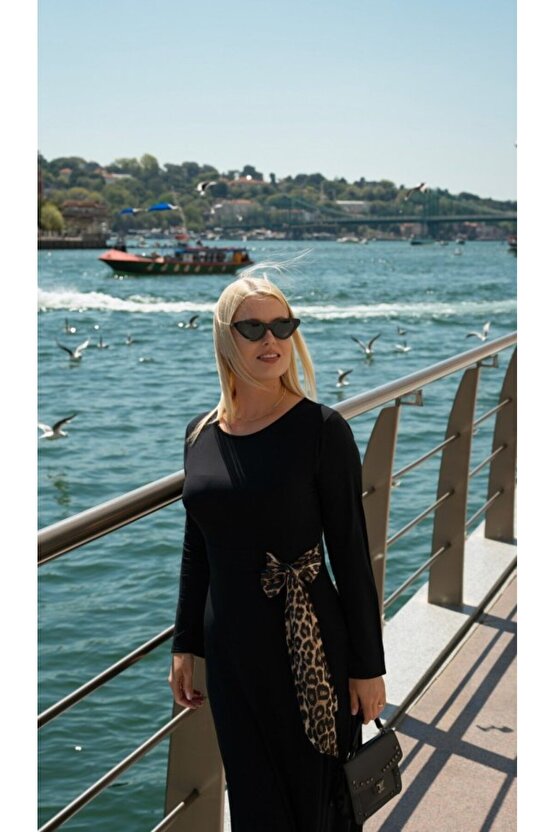 Kadın Bisiklet Yaka Leopar Fiyonk Detay Maxi Boy Elbise