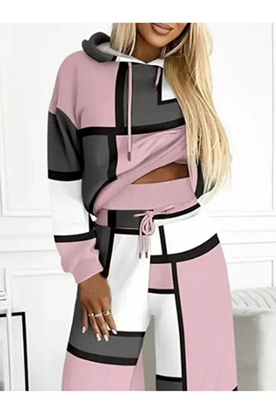 MDB Kadın Uzun Kollu Kapşonlu Bağcıklı Desenli Iki Iplik Bluz Ve Pantolon Ikili Takım