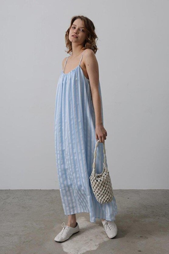 Askılı Çizgi Desen Elbise - Bebe Mavisi