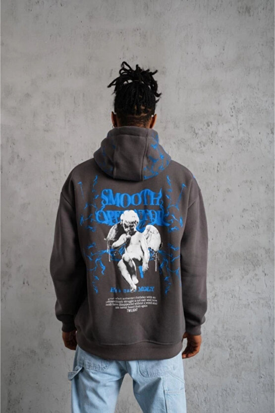 Erkek Yıldırım Baskılı Kapşonlu Sweatshirt - Gri