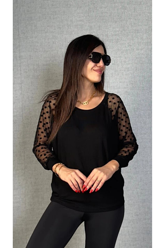 Kadın Yarasa Kol Puantiyeli Tül Detay Bluz