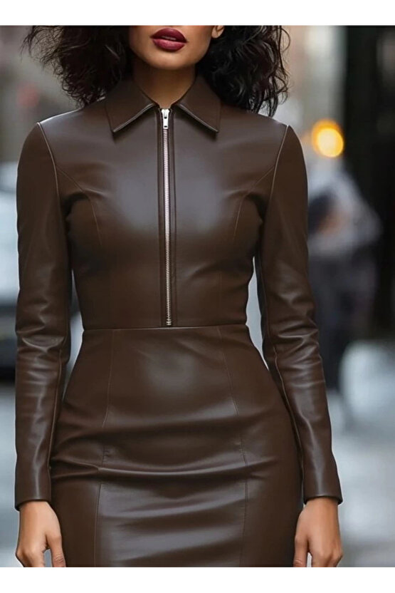 Kadın Uzun Kollu Yakalı Fermuarlı Mini Deri Elbise