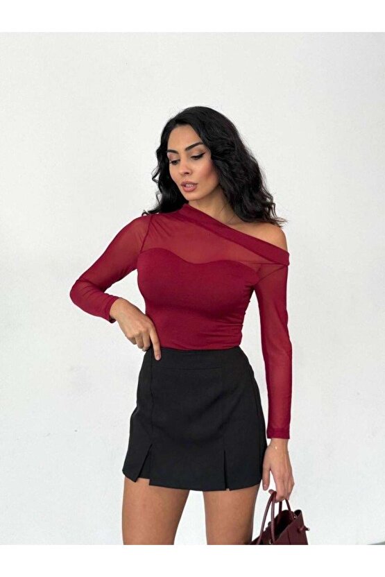 Kadın Uzun Kollu Omuz Dekoltesi Ve Transparan Tül Detay Bluz