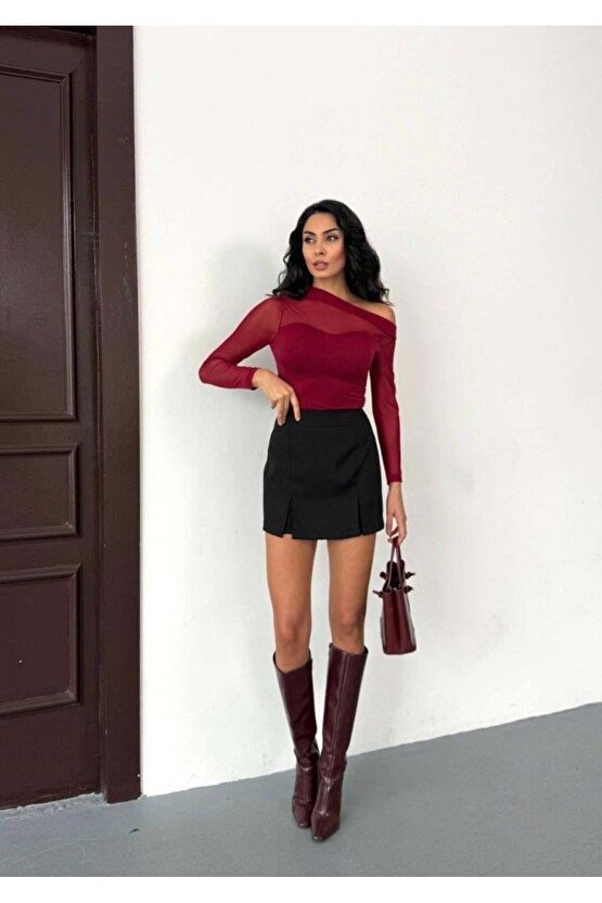 Kadın Uzun Kollu Omuz Dekoltesi Ve Transparan Tül Detay Bluz