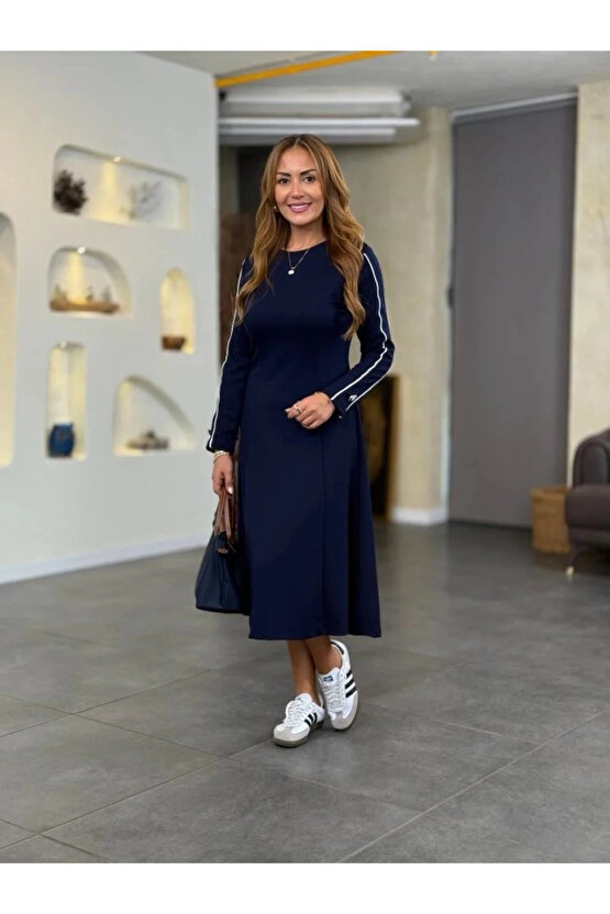 Kadın Uzun Kollu Bisiklet Yaka Midi Modal Elbise