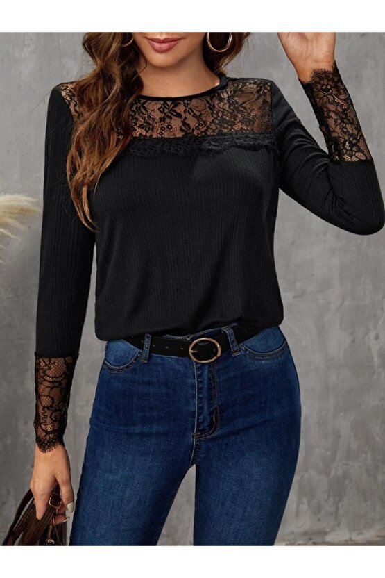 Kadın Uzun Kollu Bisiklet Yaka Dantel Detaylı Burgu Bluz