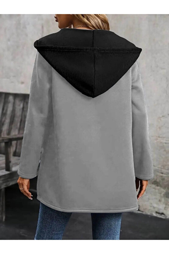 Kadın Uzun Kollu Kapşonlu çift Renkli şardonlu Iki Iplik Ceket