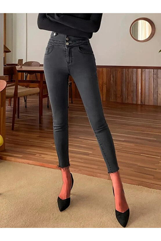 Kadın Yüksek Bel önden Düğmeli Cepli Dar Kesim Detaylı Kot Pantolon