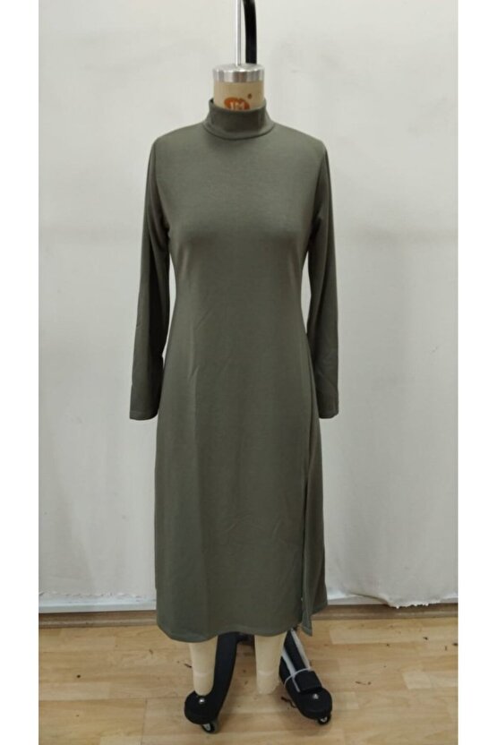 EQURİ Kadın Uzun Kollu Balıkçı Yaka Derin Yırtmaç Detay Krep Elbise