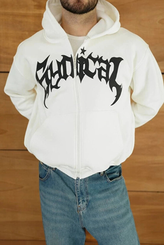 Erkek Kapüşonlu Sweatshirt Hoodie 3 İplik Şardonlu Pamuklu Kumaş, Önü Baskılı, Fermuarlı Rahat Kalıp