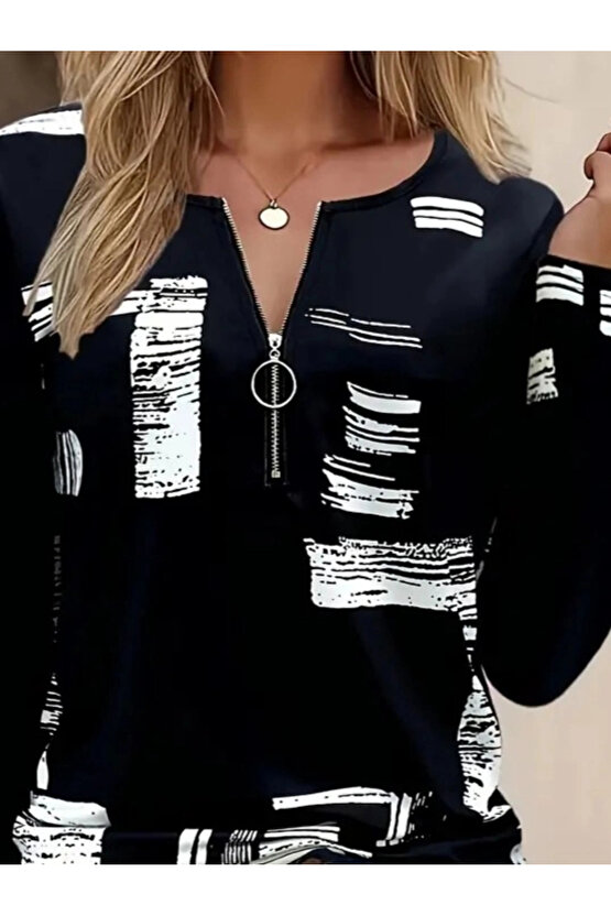Kadın Uzun Kollu önden Fermuarlı Geometrik Desenli Süprem Bluz