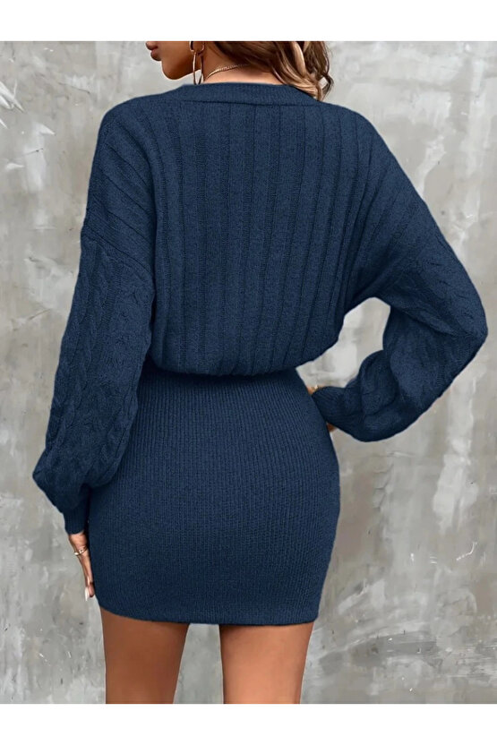 Kadın Uzun Kollu V Yakalı önden Düğmeli Kısa Triko Elbise