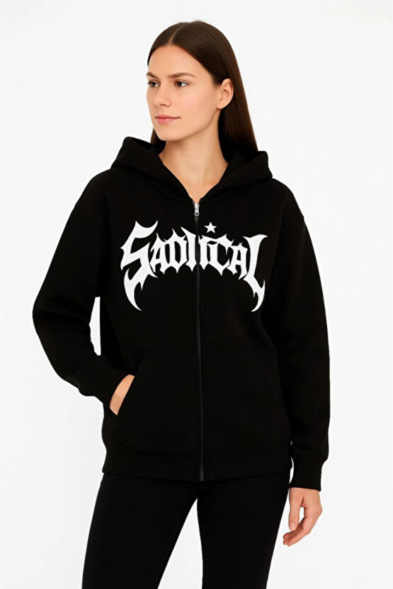 Oversize Kapüşonlu Sweatshirt Hoodie 3 İplik Şardonlu Pamuklu Kumaş, Önü Baskılı, Fermuarlı Rahat K