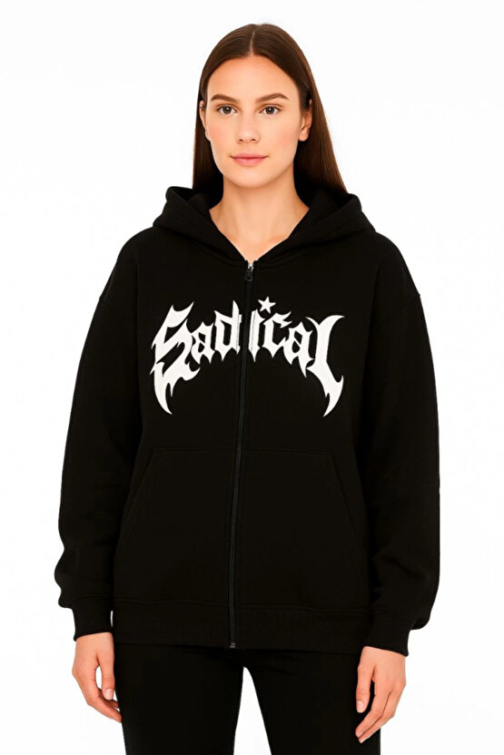 Oversize Kapüşonlu Sweatshirt Hoodie 3 İplik Şardonlu Pamuklu Kumaş, Önü Baskılı, Fermuarlı Rahat K