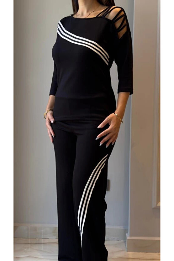 Kadın Uzun Kollu Truvakar Kol Tek Omuz çapraz şerit Detaylı Ribanalı Viskon Iki Iplik Bluz Ve Pantol