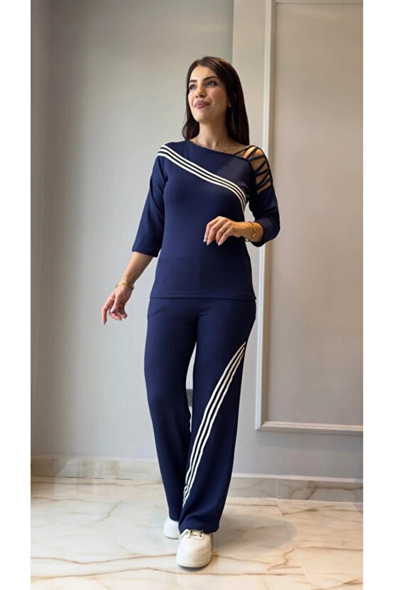 Kadın Uzun Kollu Truvakar Kol Tek Omuz çapraz şerit Detaylı Ribanalı Viskon Iki Iplik Bluz Ve Pantol