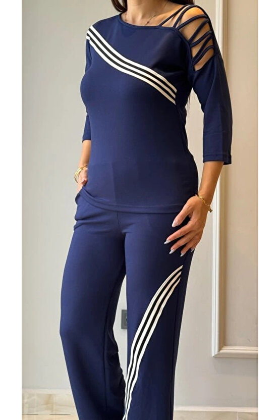 Kadın Uzun Kollu Truvakar Kol Tek Omuz çapraz şerit Detaylı Ribanalı Viskon Iki Iplik Bluz Ve Pantol