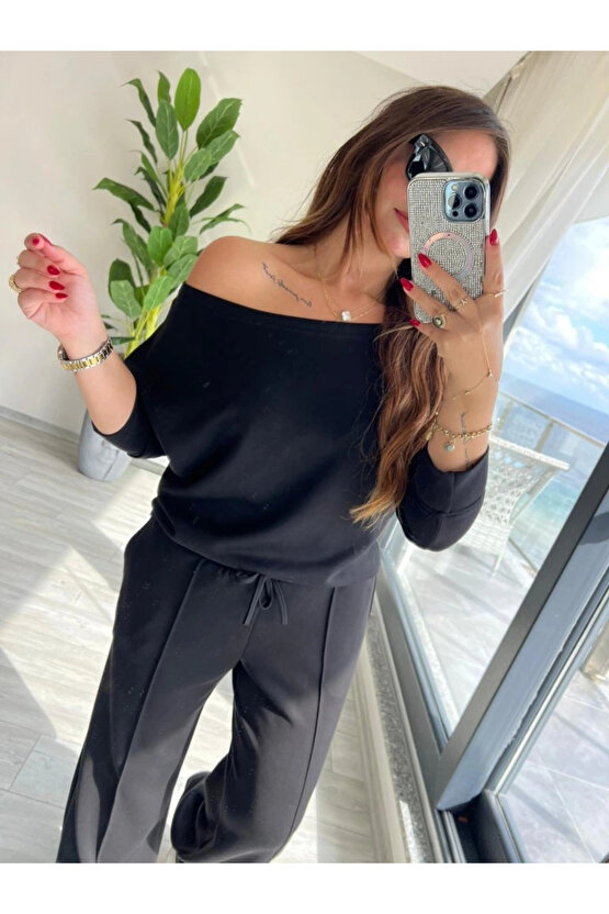 Kadın Uzun Kollu Tek Omuzdan Açık Modal Bluz Ve Pantolon Ikili Takım