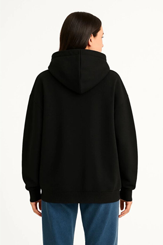 Kadın Samuray Ninja Çift Kapüşonlu Maske Detaylı Fermuarlı Kanguru Cepli Hoodie - Siyah