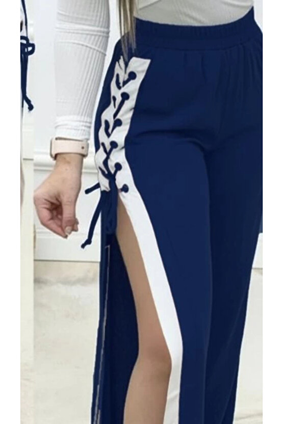 MDB Kadın Yüksek Bel Yandan çapraz Bağcıklı Yırtmaçlı Viskon Iki Iplik Pantolon