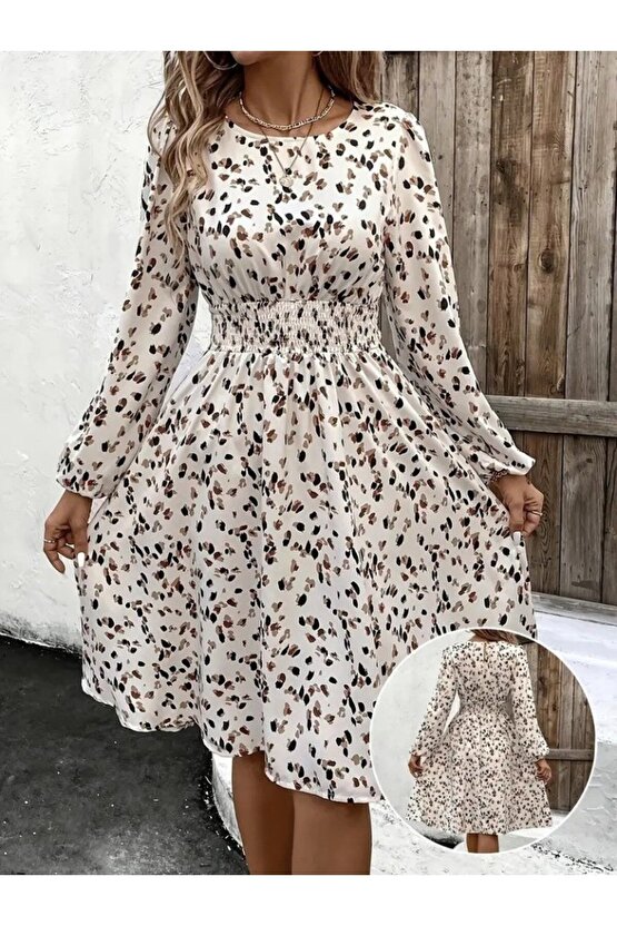 EQURİ Kadın Uzun Kollu Bot Yaka Beli Lastikli Midi Süprem Elbise