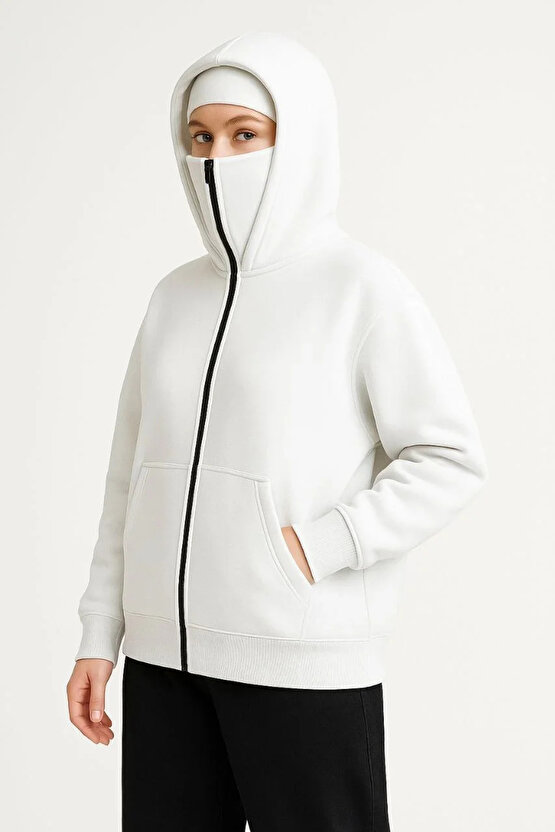 Kadın Samuray Ninja Çift Kapüşonlu Maske Detaylı Fermuarlı Kanguru Cepli Hoodie - Beyaz