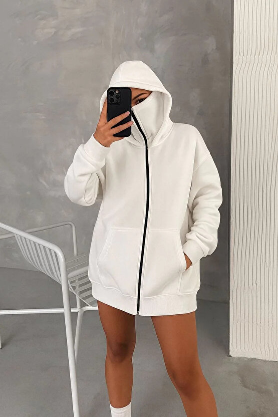 Kadın Samuray Ninja Çift Kapüşonlu Maske Detaylı Fermuarlı Kanguru Cepli Hoodie - Beyaz