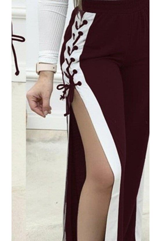 Kadın Yüksek Bel Yandan çapraz Bağcıklı Yırtmaçlı Viskon Iki Iplik Pantolon