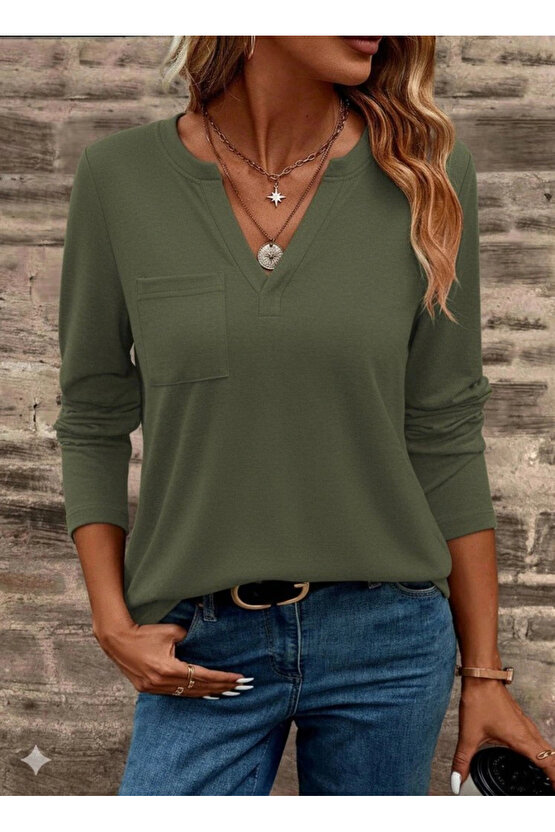 Kadın Uzun Kollu Cepli V Yakalı Viskon Iki Iplik Bluz