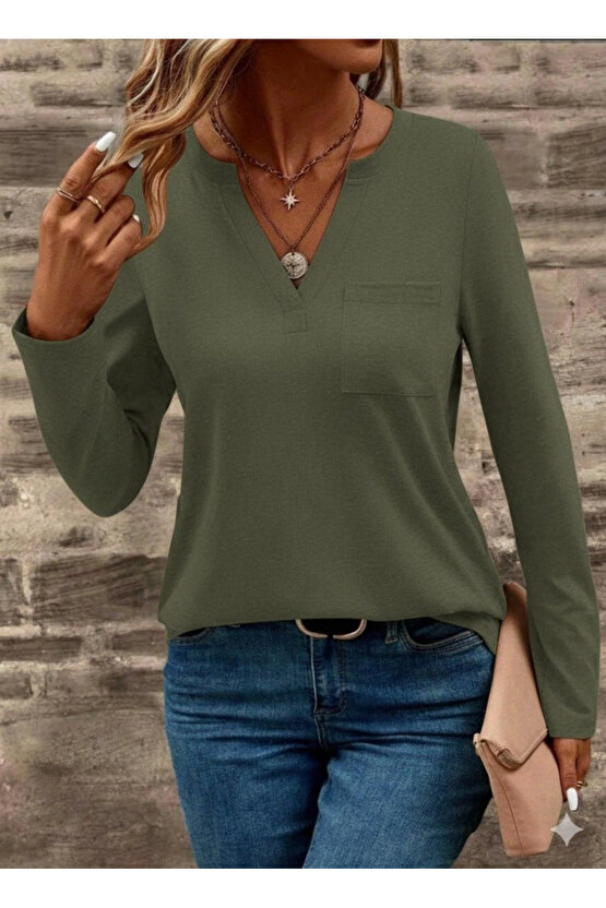 Kadın Uzun Kollu Cepli V Yakalı Viskon Iki Iplik Bluz