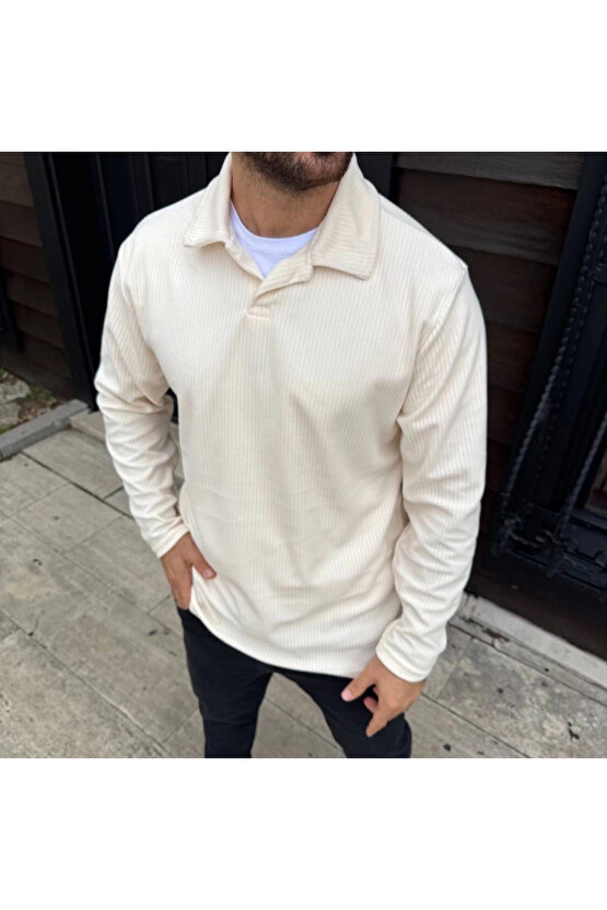 Erkek Fitilli Polar Sweatshirt – Düğmesiz Polo Yaka, Oversize Rahat Kalıp, Kalın Polar Kumaş, Kışlık