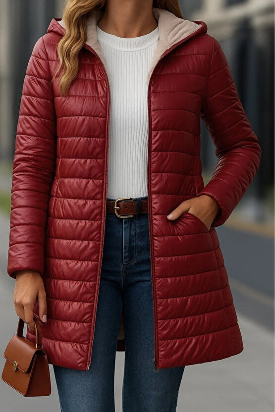 Kadın Uzun Kollu Kapşonlu Cep Detaylı Fermuarlı Orta Boy Mont