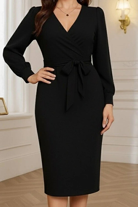 Kadın Uzun Kollu Kruvaze Yaka Belden Kuşaklı Midi Ithal Krep Elbise