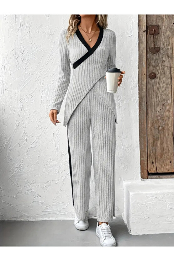 Kadın Uzun Kollu V Yakalı çapraz Detaylı şardonlu Kaşkorse Bluz Ve Pantolon Ikili Takım