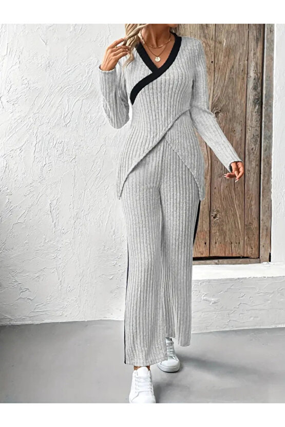 Kadın Uzun Kollu V Yakalı çapraz Detaylı şardonlu Kaşkorse Bluz Ve Pantolon Ikili Takım