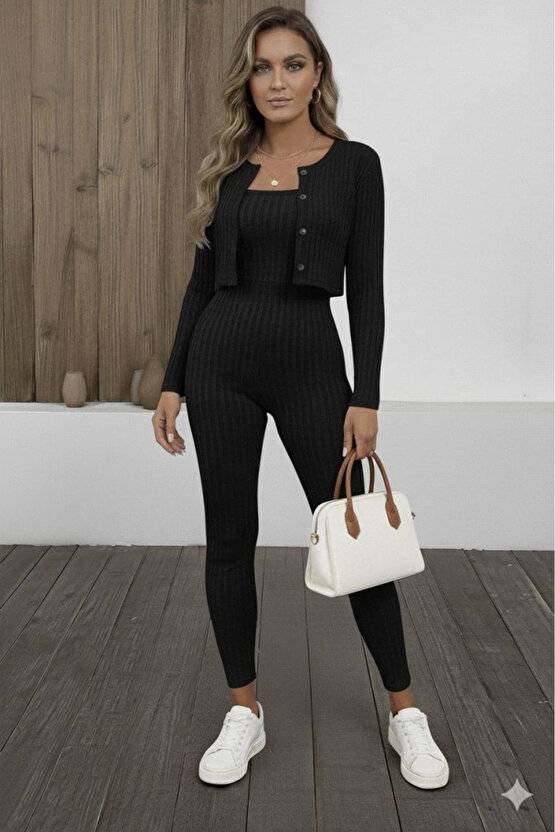 Kadın Uzun Kollu şardonlu Kaşkorse Straplez Ile Kısa önden Düğmeli Ceket Ikili Takım