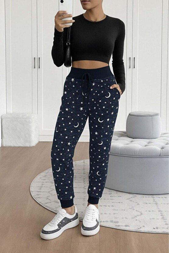 Kadın Yüksek Bel Bağcıklı Desenli Iki Iplik Pantolon