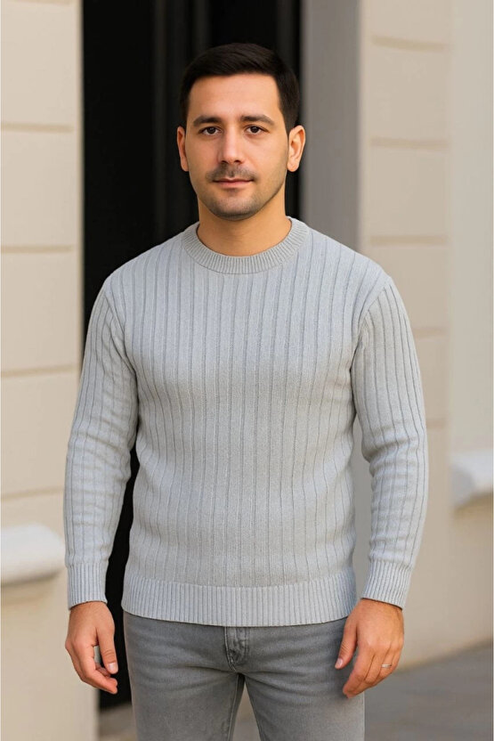 Erkek Bisiklet Yuvarlak Yaka Triko Kazak Pamuklu Kalın Fitilli Dokuma, Regular Fit Uzun Kollu Kışlık