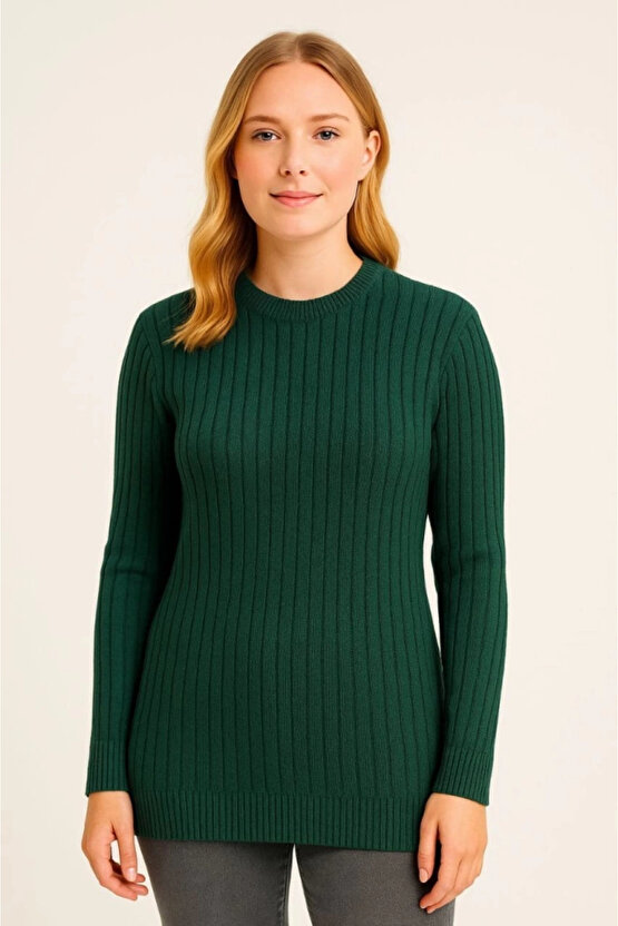 Bisiklet Yuvarlak Yaka Triko Kazak Pamuklu Kalın Fitilli Dokuma, Regular Fit Uzun Kollu Kışlık Model