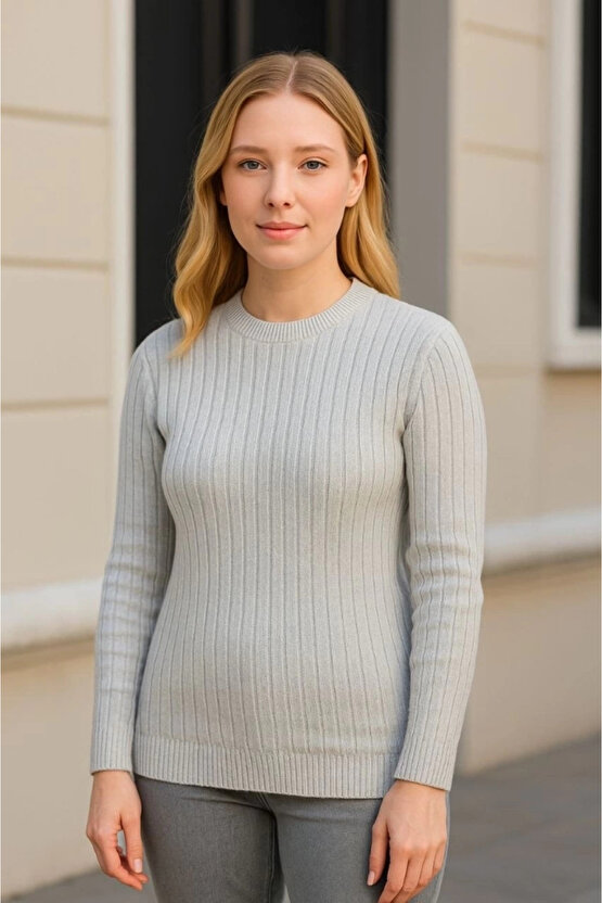 Bisiklet Yuvarlak Yaka Triko Kazak Pamuklu Kalın Fitilli Dokuma, Regular Fit Uzun Kollu Kışlık Model