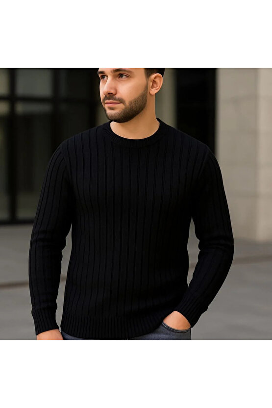 Erkek Bisiklet Yuvarlak Yaka Triko Kazak Pamuklu Kalın Fitilli Dokuma, Regular Fit Uzun Kollu Kışlık