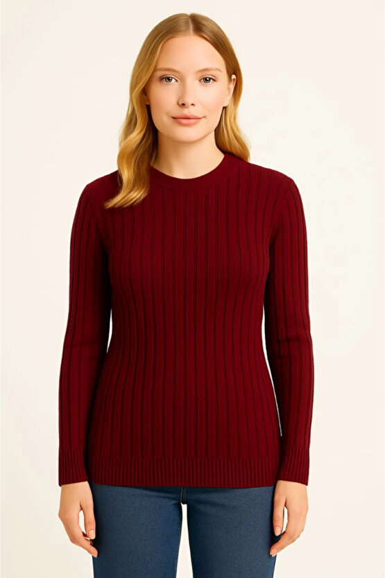 EQURİ Bisiklet Yuvarlak Yaka Triko Kazak Pamuklu Kalın Fitilli Dokuma, Regular Fit Uzun Kollu Kışlık