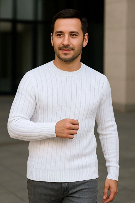 Erkek Bisiklet Yuvarlak Yaka Triko Kazak Pamuklu Kalın Fitilli Dokuma, Regular Fit Uzun Kollu Kışlık