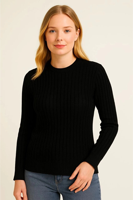 Bisiklet Yuvarlak Yaka Triko Kazak Pamuklu Kalın Fitilli Dokuma, Regular Fit Uzun Kollu Kışlık Model