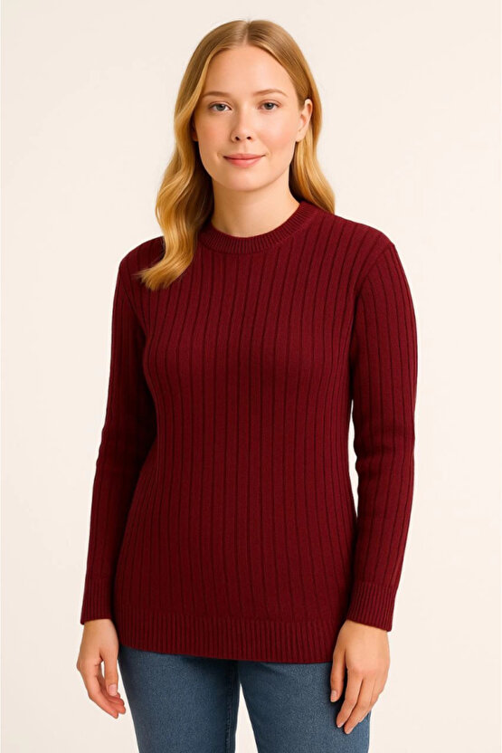 EQURİ Bisiklet Yuvarlak Yaka Triko Kazak Pamuklu Kalın Fitilli Dokuma, Regular Fit Uzun Kollu Kışlık