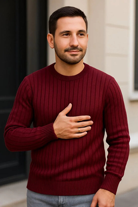 Erkek Bisiklet Yuvarlak Yaka Triko Kazak Pamuklu Kalın Fitilli Dokuma, Regular Fit Uzun Kollu Kışlık